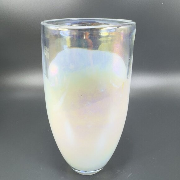 Heavy Art Glass Vase Vessel White Iridescent Finish Multicolor Glass Vase Decor - Picture 12 of 15
